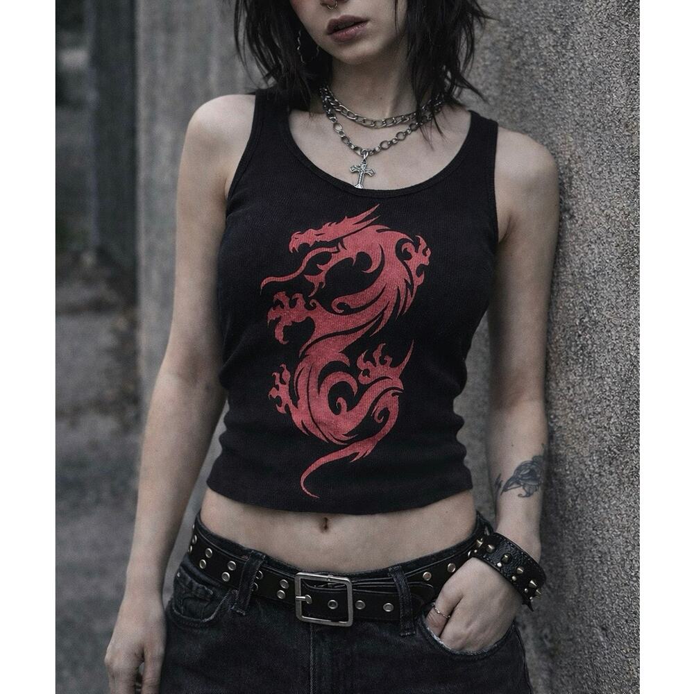 Vintage Y2K Morbid Threads Goth Black Ribbed Dragon Graphic Tank Top Size Large